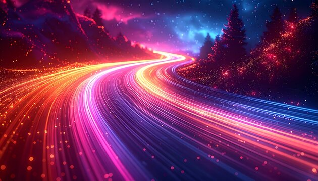Neon light trails streak down a road, leading to distant hills, under a vibrant, cosmic sky at dusk