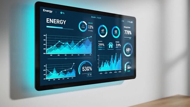Wall mounted smart display showing energy management data and digital dashboard with blue backlighting in modern interior
