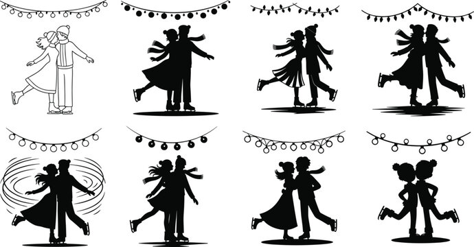 Christmas elves working, gift wrapping scenes, festive teamwork, silhouette illustration, holiday preparation, black and white art, seasonal joy, Santa's workshop - Powered by Adobe