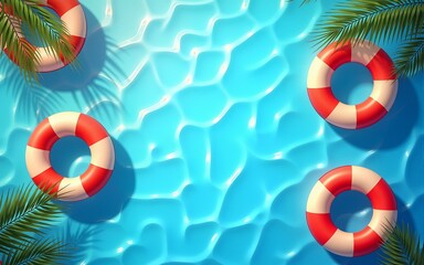 Pool Party invitation banner template. Ripple water background with inflatable rings and palm leaves. Design of flyer for summer beach party at night club or hotel. Vector 3d illustration
