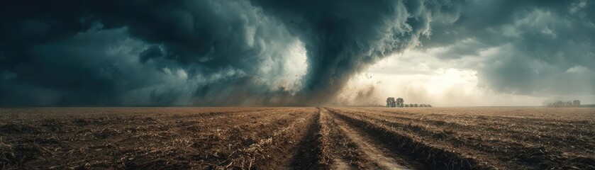 Fototapeta premium Dangerous tornado spinning across skies concept. An intense storm brewing over a vast agricultural landscape.