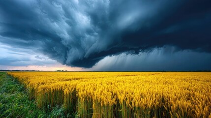 Obraz premium Dangerous tornado spinning across skies concept. Dramatic storm clouds over a golden wheat field during twilight.