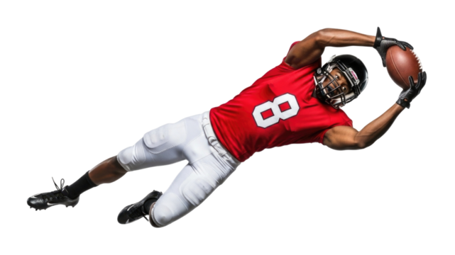 American football player catching ball transparent background cutout png