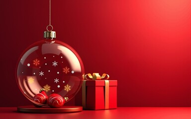 Merry christmas party glass ball and gift box for flyer brochure design on red background invitation theme concept. Happy holiday greeting banner and card template. High quality