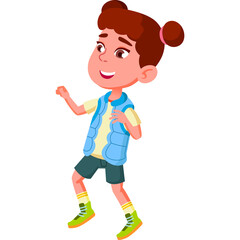 Cartoon illustration of a young girl with brown hair in a blue vest and yellow shirt short pants and green shoes smiling and dancing against a white background studio shot