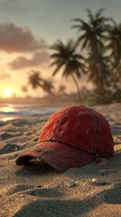 Red baseball cap on sandy beach at sunrise with palm trees in background, dramatic golden light over tropical Jamaica coast, summer vacation and travel concept