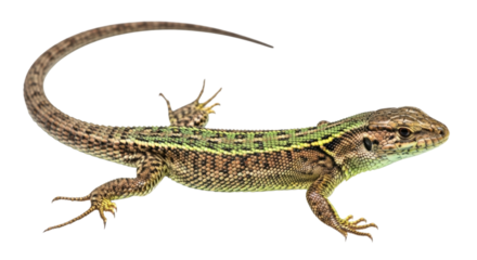 Brown and green lizard with curled tail transparent background cutout png