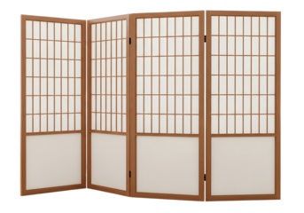 Four panel dark wood room divider with white paper screens isolated on transparent background