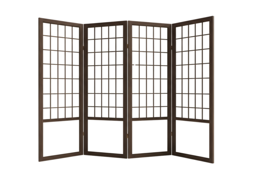 Four panel dark wood room divider with white paper screens isolated on transparent background - Powered by Adobe