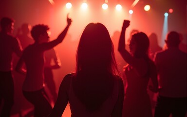 Dance party group people dancing. Women and men have fun in night club. Rest after hard day at work. Back light on girls hair. People dance under influence of alcohol. Toning and blur for background.