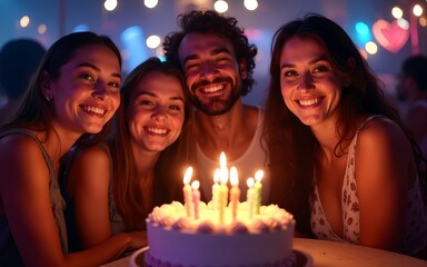 Smiling group of young friends having  birthday party in the club with cake and candles at night.  Party, fun, birthday concept. High quality