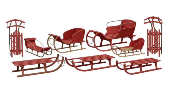 Collection of vintage wooden sleds and toboggans transparent background cutout png