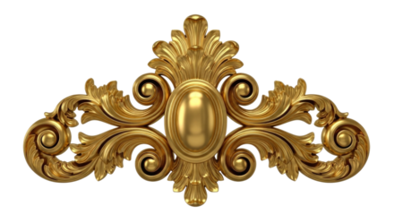 Ornate golden scrollwork with oval centerpiece transparent background cutout png