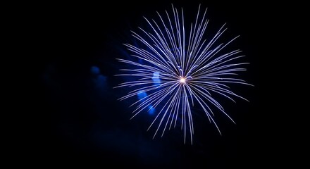Fototapeta premium Vibrant blue firework bursting in the night sky, creating a spectacular display of light and celebration for festive occasions and holidays, copy space.