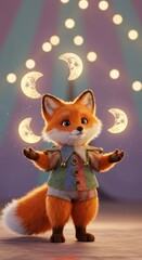 Obraz premium Adorable animated fox character performs a balancing act with glowing crescent shapes