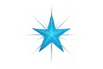 Bright blue glitter star shining with light rays, abstract five-pointed shape, transparent background creating sparkling effects