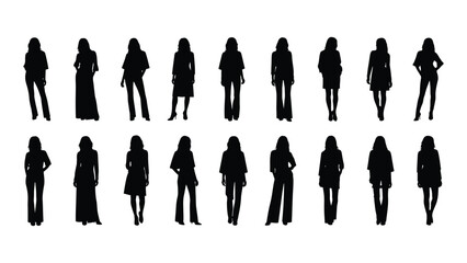 Collection of female silhouettes in various poses and attire Vector