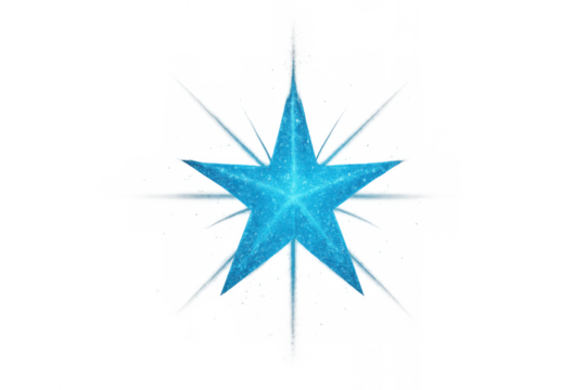 Bright blue glitter star shining with light rays, abstract five-pointed shape, transparent background creating sparkling effects