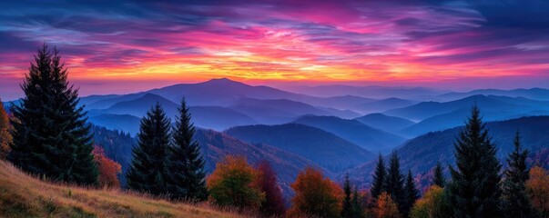 Breathtaking sunrise over green mountains showcasing vibrant colors concept. Breathtaking mountain view at sunset with colorful skies and trees.