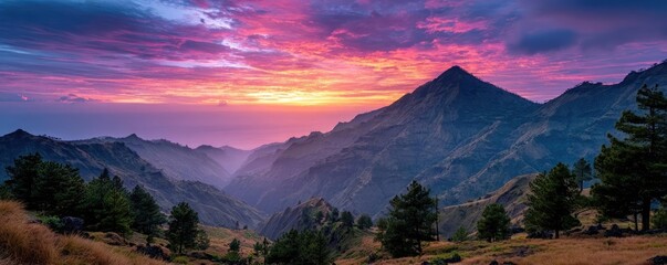Breathtaking sunrise over green mountains showcasing vibrant colors concept. Stunning mountain view at sunset with vibrant colors.