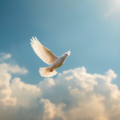 A white dove flying gracefully through a cloudy blue sky