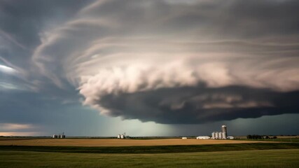 Dramatic storm cloud over golden field with grain elevators, landscape, nature, weather. - Powered by Adobe