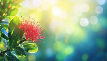 Crimson Pohutukawa Blossom Radiating in New Zealand Sunlight Splendor