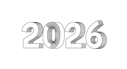 Stylized 3 D Numbers 2026, with White Outlines and Horizontal Line Shading, cutout, PNG isolated on a white or transparent background, AI