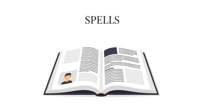 An open book titled "SPELLS" displays various layouts with text and a portrait, set against a plain white background.