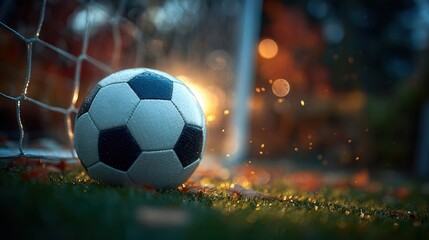Fototapeta premium Dramatic soccer ball resting near goal net with warm bokeh lights evoking anticipation and victory on a crisp autumn evening