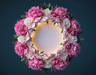 Top-down floral frame made of pink and white peonies with decorative ribbons, leaving space in the center for Feliz Día de la Madre text — ideal for greeting card templates or posters.