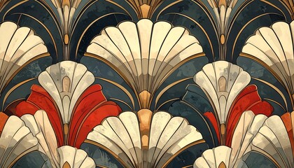 Ornamental repeating pattern with fan-shaped motifs in gold, cream, red and black, resembling Art Deco style