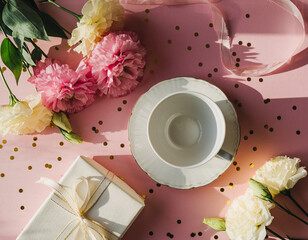 Pastel pink and cream-toned flat lay featuring flowers, teacup, wrapped gift, and golden confetti, symbolizing gratitude and warmth for Spanish Mother’s Day greetings.
