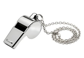 Shiny metal whistle with a keychain ring isolated on transparent background