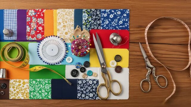 Sewing essentials on wooden table. Assortment of fabric swatches, tools, and accessories