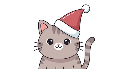 Cute Cartoon Gray Tabby Cat Wearing a Red Santa Hat Adorable Holiday Pet Illustration