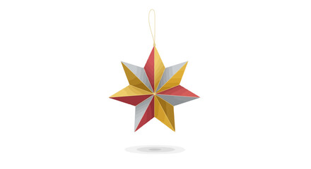 Festive Origami Star Ornament with Red Gold and Silver Panels Hanging Isolated on White Background Holiday Decoration Concept