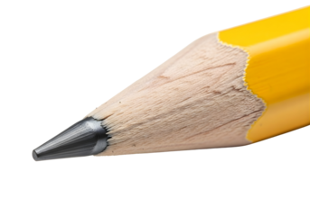 Close up of a sharpened yellow pencil tip isolated on transparent background