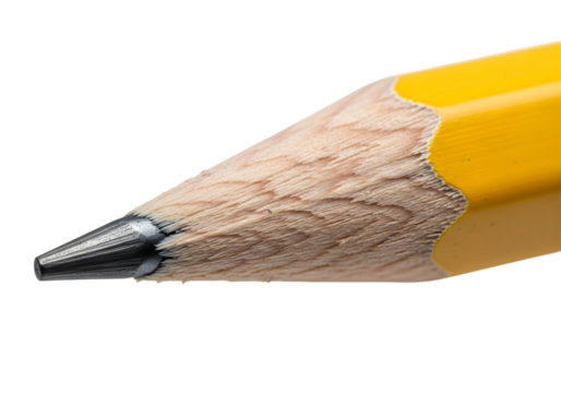 Close up of a sharpened yellow pencil tip isolated on transparent background