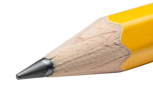 Close up of a sharpened yellow pencil tip isolated on transparent background