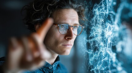 A focused individual interacts with digital light patterns, showcasing innovation and engagement with technology in a modern environment.