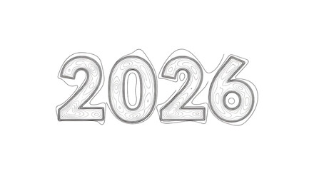 White Outline Numbers 2026, with Swirling Pattern, cutout, PNG isolated on a white or transparent background, AI