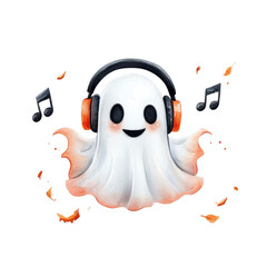 Cheerful ghost with headphones and musical notes