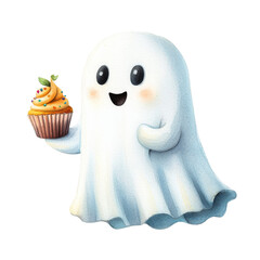 Cute ghost holding a colorful cupcake