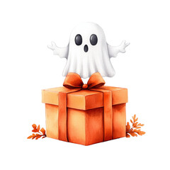 Playful ghost emerging from a Halloween gift box
