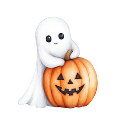 Cute ghost with a carved pumpkin for Halloween