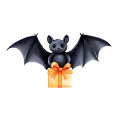 Cute bat with a gift box and orange ribbon