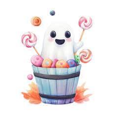 Cheerful ghost in a candy-filled bucket for Halloween