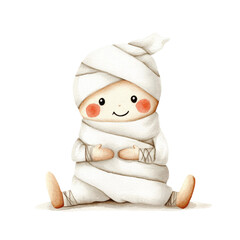 Cute watercolor mummy character sitting happily