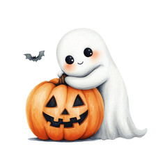 Cute ghost with a carved pumpkin and bat decoration